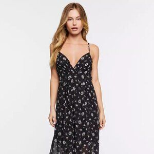Sweet V-neck organ pleated halter floral elastic waist chiffon dress